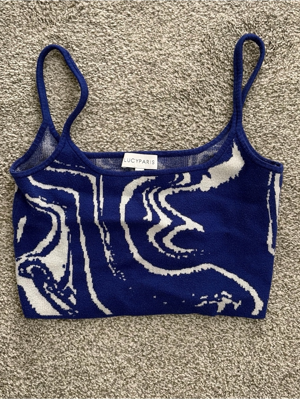 Lucy Paris Blue and White Swirl Knit Crop Cami